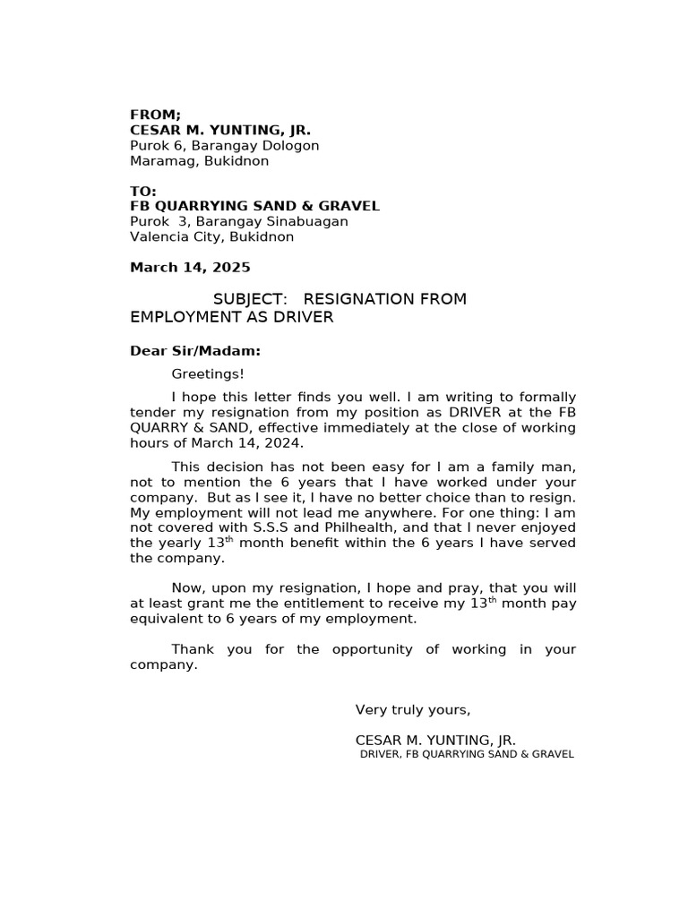 Resignation Letter from Driver | PDF