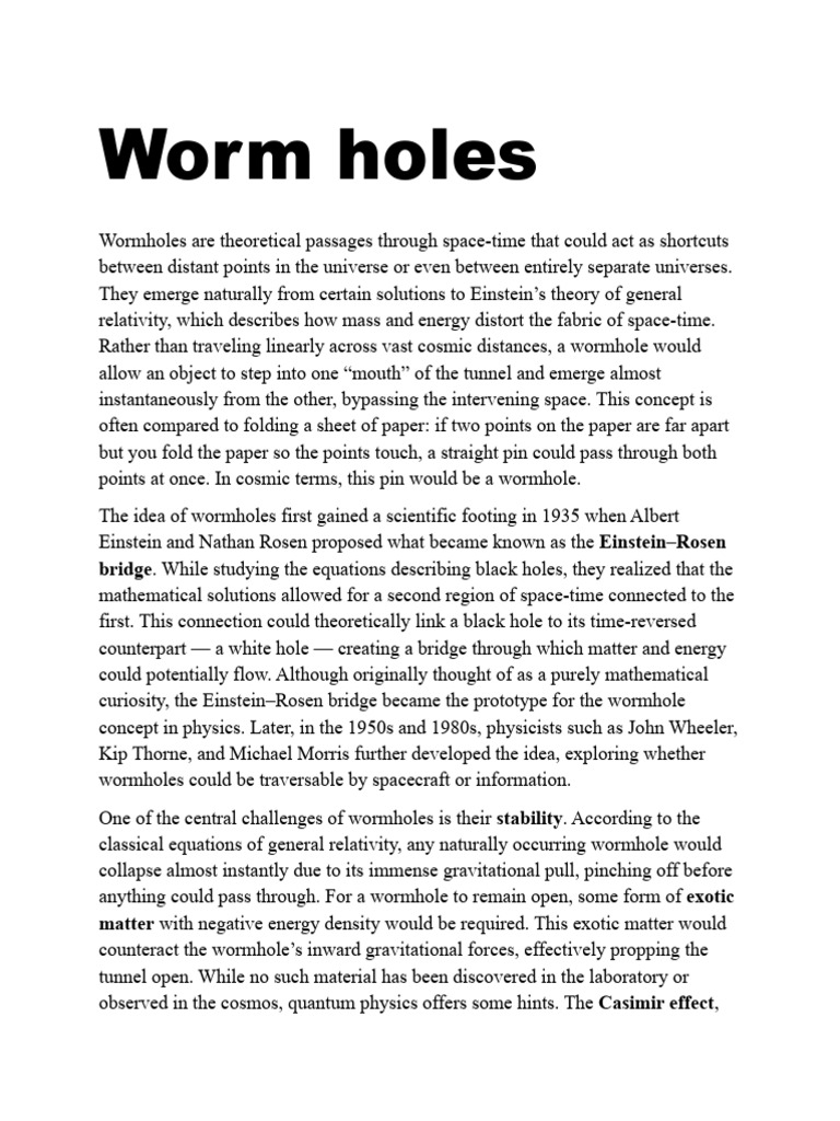 Understanding Wormholes: Space-Time Shortcuts | PDF | General ...