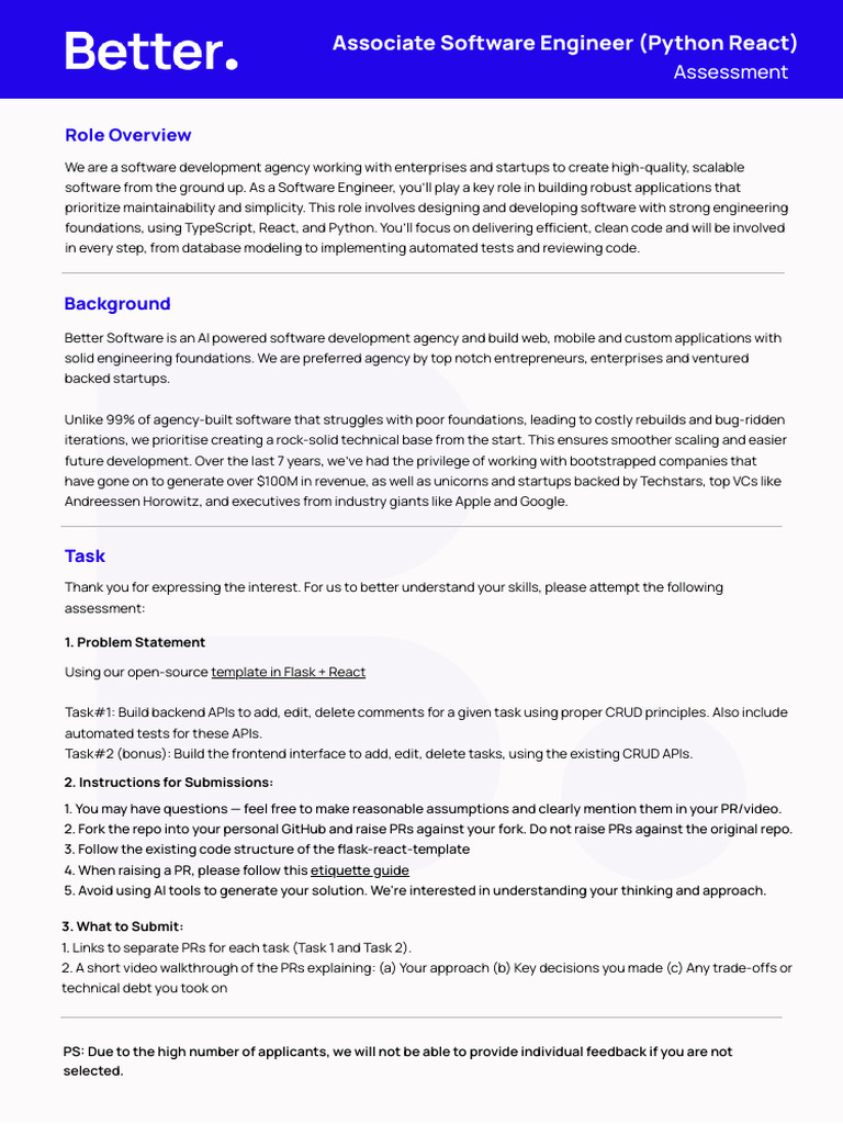 Associate SE Python React - Assessment | PDF | Startup Company | Small ...