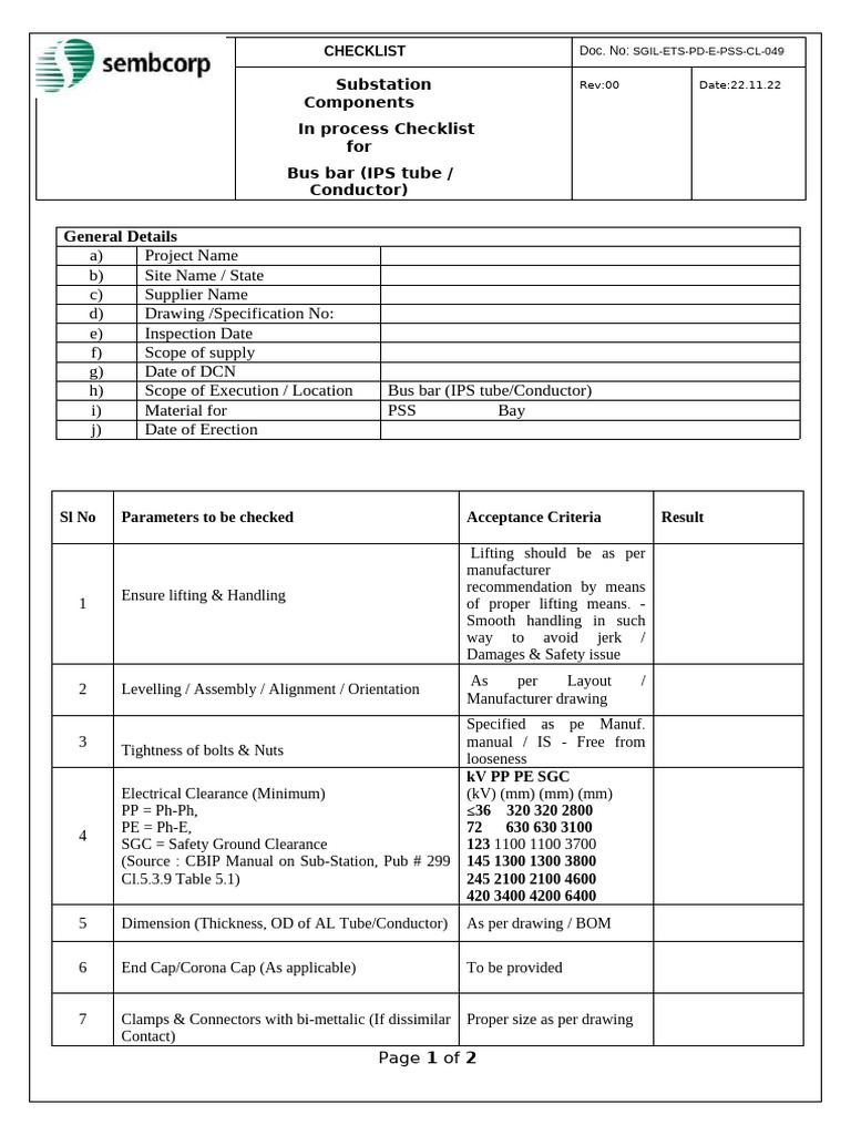 SGIL ETS PD E PSS CL 049 in Process Checklist For Bus Bar | PDF ...