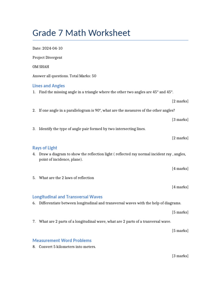 Grade 7 Math Worksheet: Angles & Waves | PDF