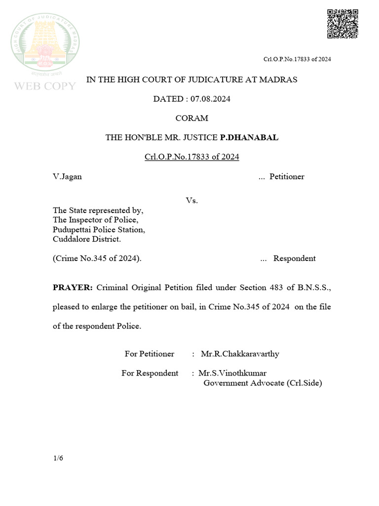 Bail Granted in Crl.O.P.No.17833/2024 | PDF | Bail | Crime & Violence