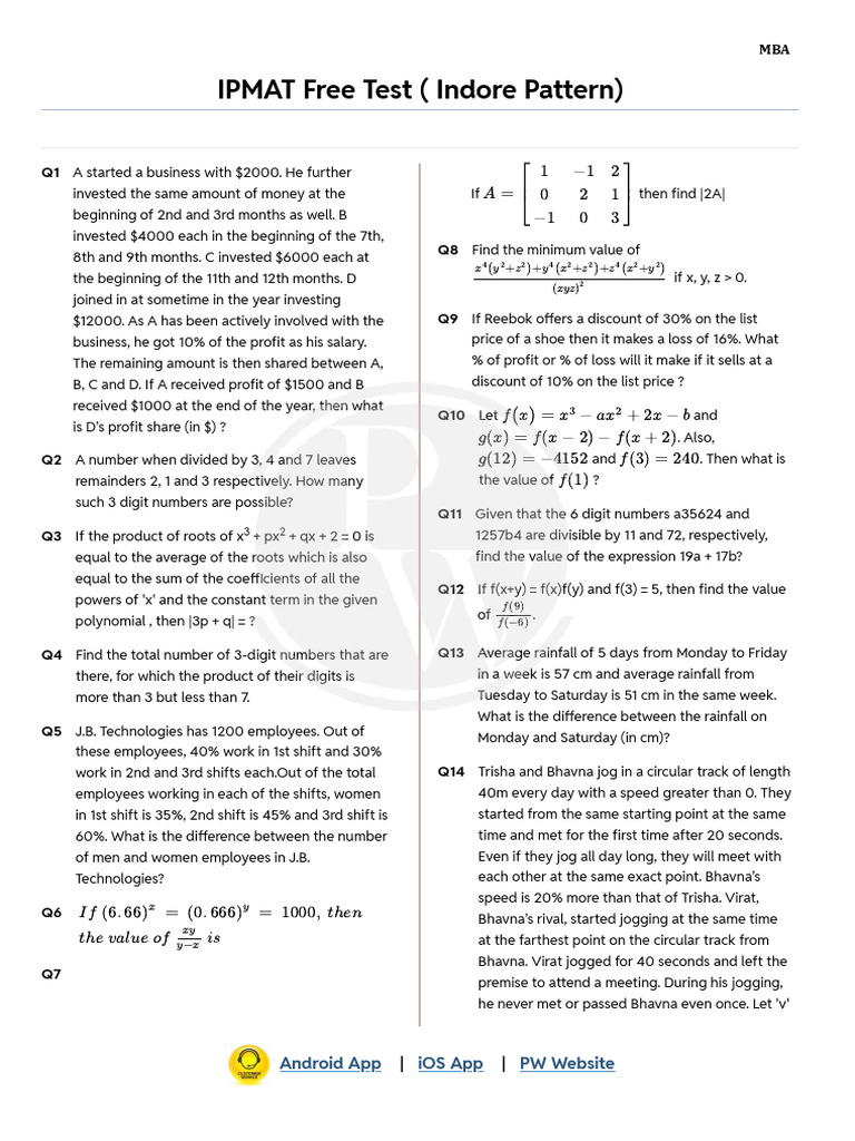 IPMAT Indore Mock Test | PDF | Area | Ratio