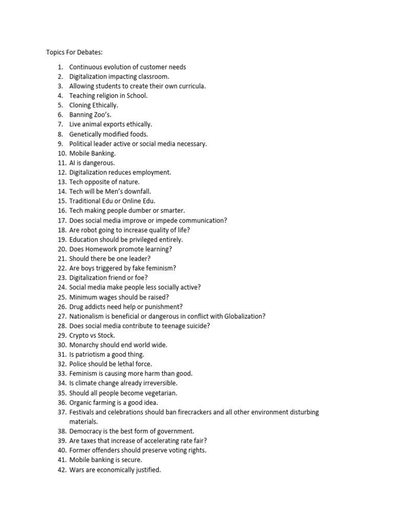Engaging Debate Topics for Discussion | PDF