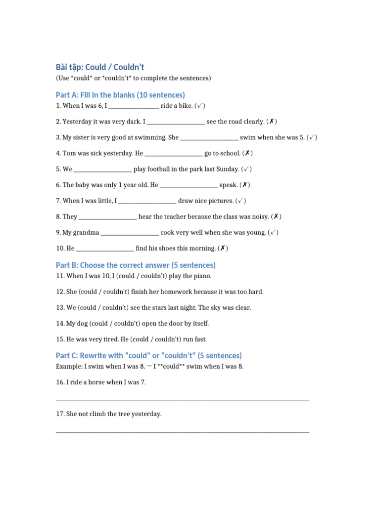 Exercises on Could and Couldn't | PDF
