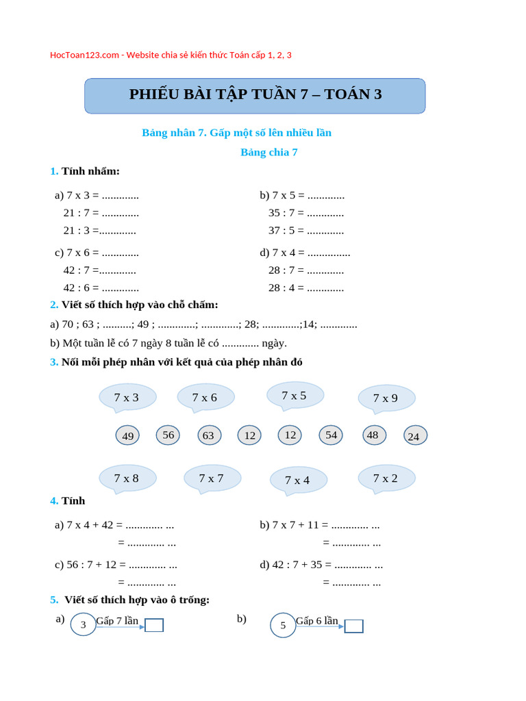Phieu Bai Tap Tuan 7 Toan Lop 3 | PDF