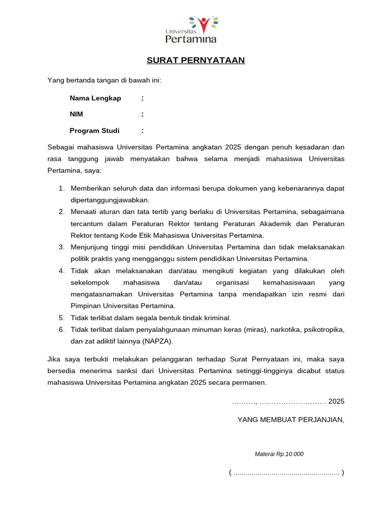 Surat Pernyataan Mahasiswa Universitas Pertamina | PDF