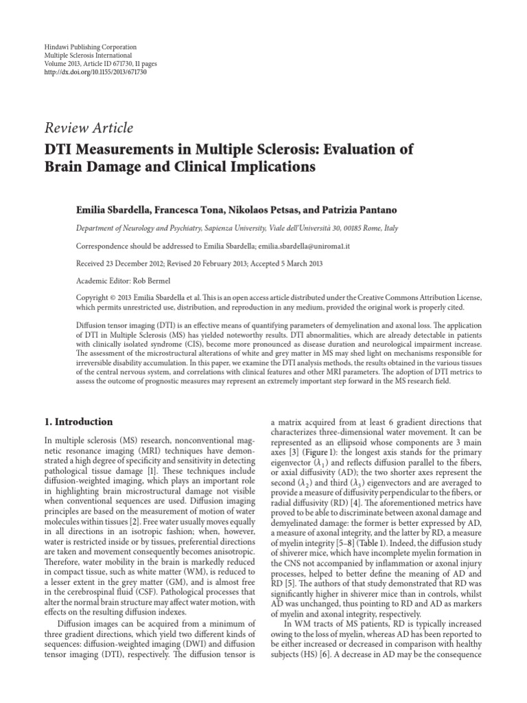 DTI in Multiple Sclerosis: Brain Damage Analysis | PDF | Multiple ...