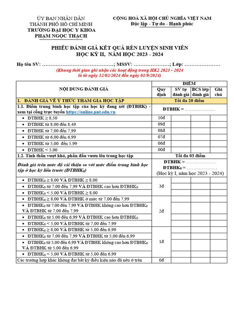 Phieu Danh Gia KQRL SV Hk2 2023 - 2024 | PDF