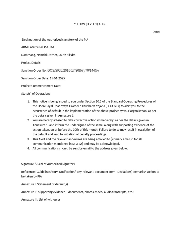 Yellow Alert: Project Default Notification | PDF