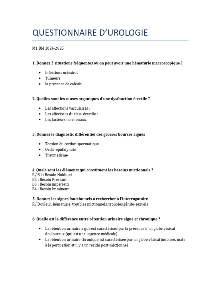Questionnaire sur l'Urologie 2024-2025 | PDF | Cancer de la prostate ...
