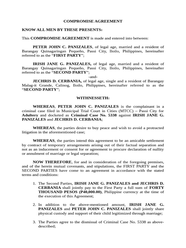 Compromise Agreement for Adultery Case | PDF | Justice | Crime & Violence