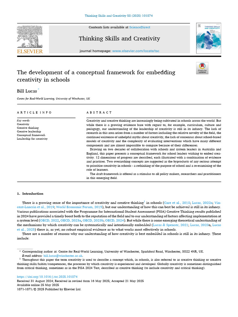 Framework for Embedding Creativity in Schools | PDF | Creativity | Teachers