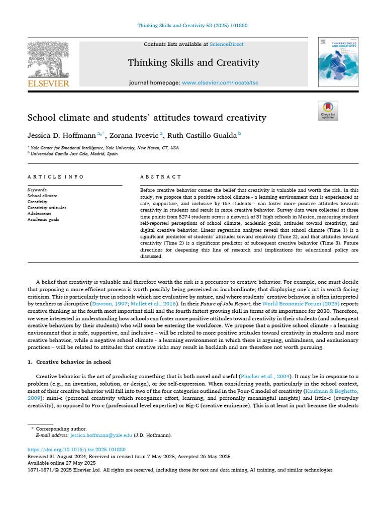 School Climate's Impact on Creativity | PDF | Creativity | Attitude ...
