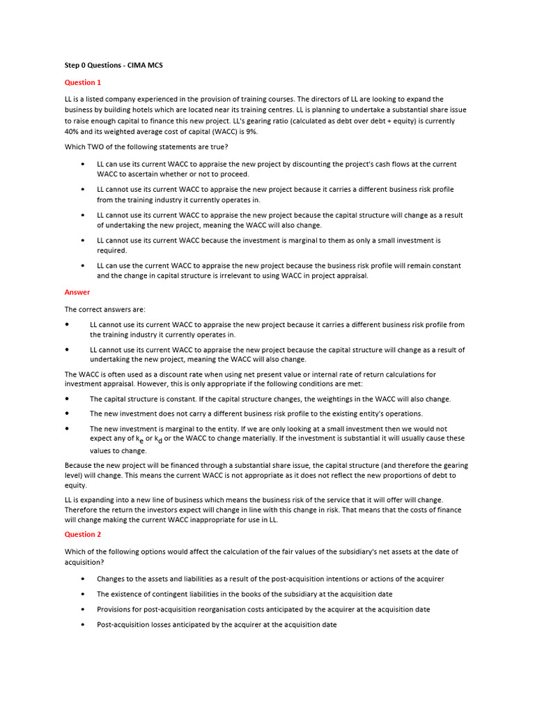 CIMA MCS Step 0 Questions Analysis | PDF | Fair Value | Goodwill ...