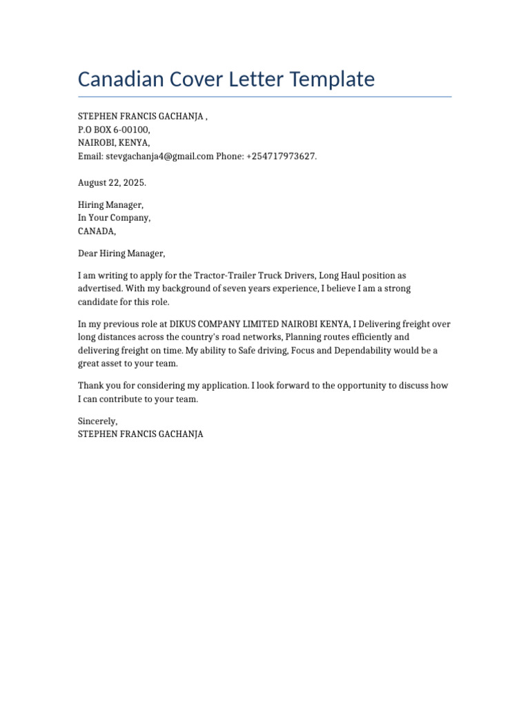 Canadian Cover Letter Template | PDF