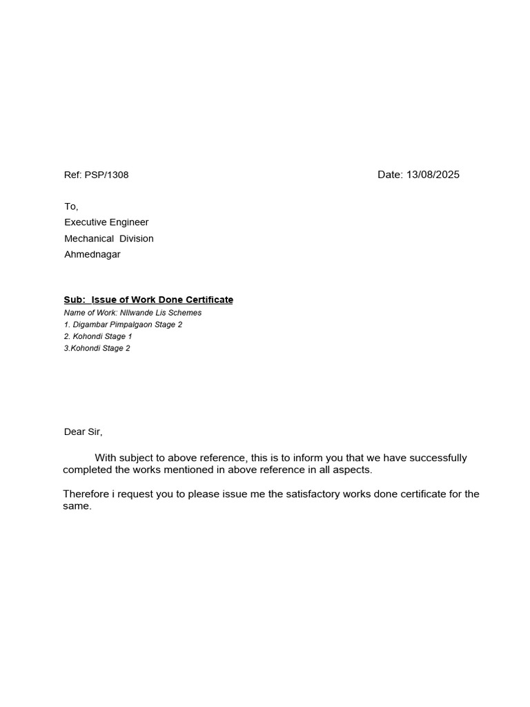 Request for Work Done Certificate | PDF
