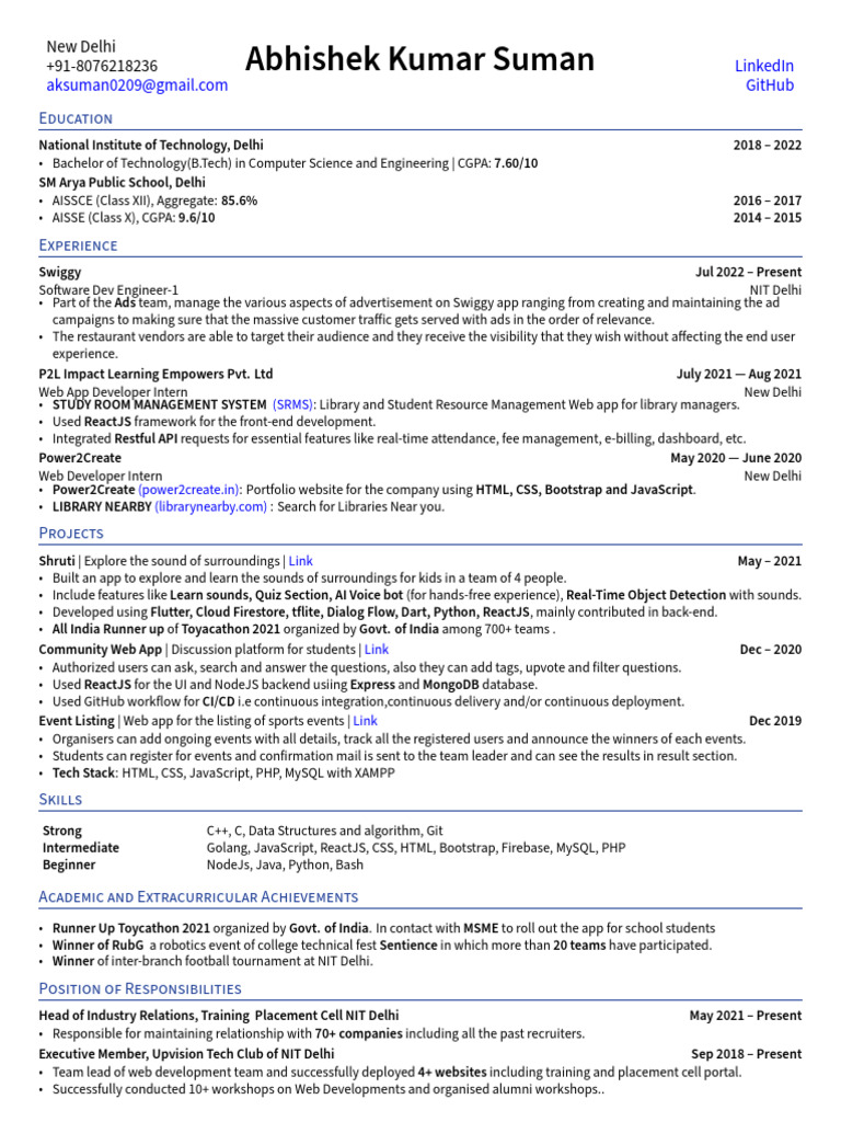 Abhishek Kumar Suman: Tech Resume | PDF | Computer Programming | World ...