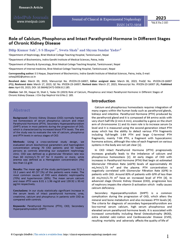 Calcium, Phosphorus, and PTH in CKD Stages | PDF | Chronic Kidney ...