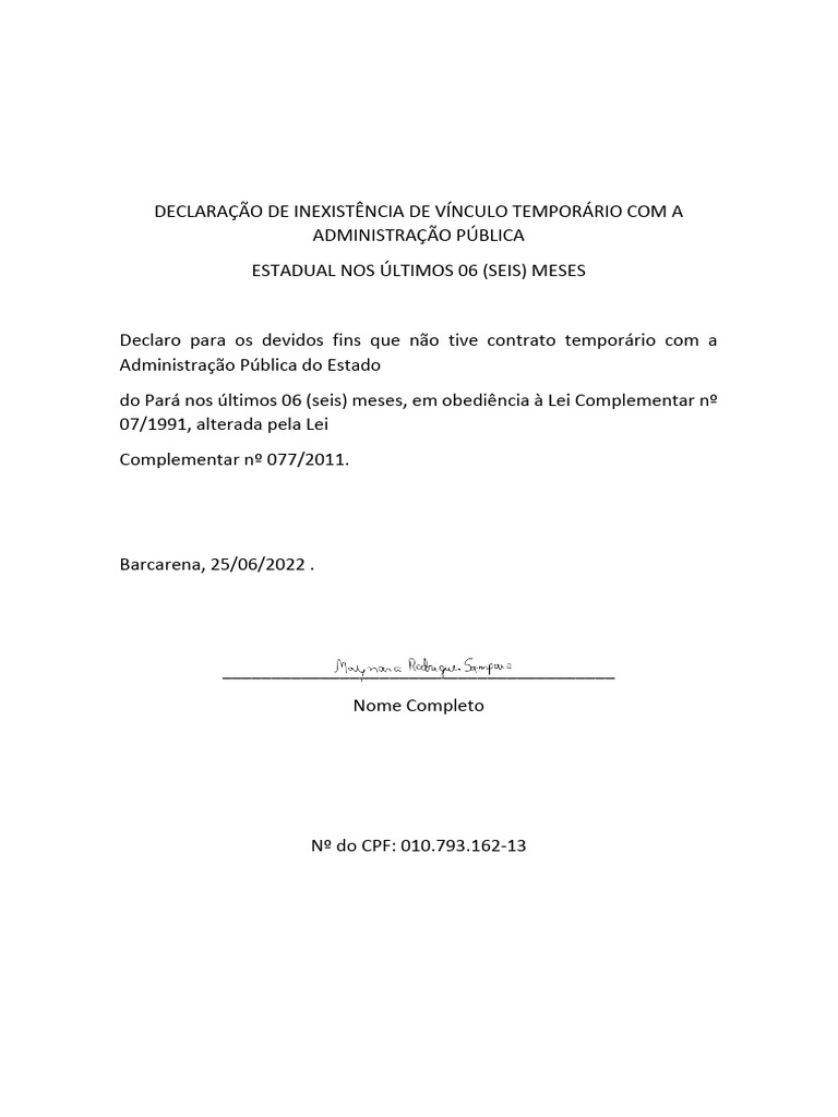 Declaração de Inexistência de Vínculo Público | PDF