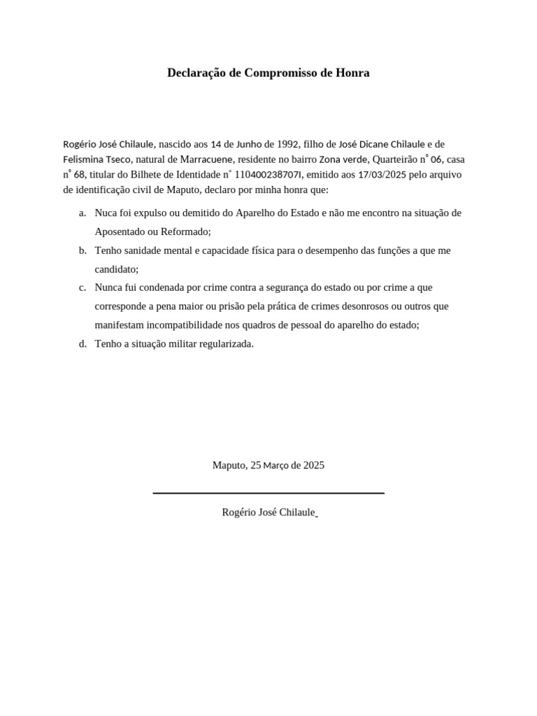 Declaração de Compromisso de Honra 2025 | PDF