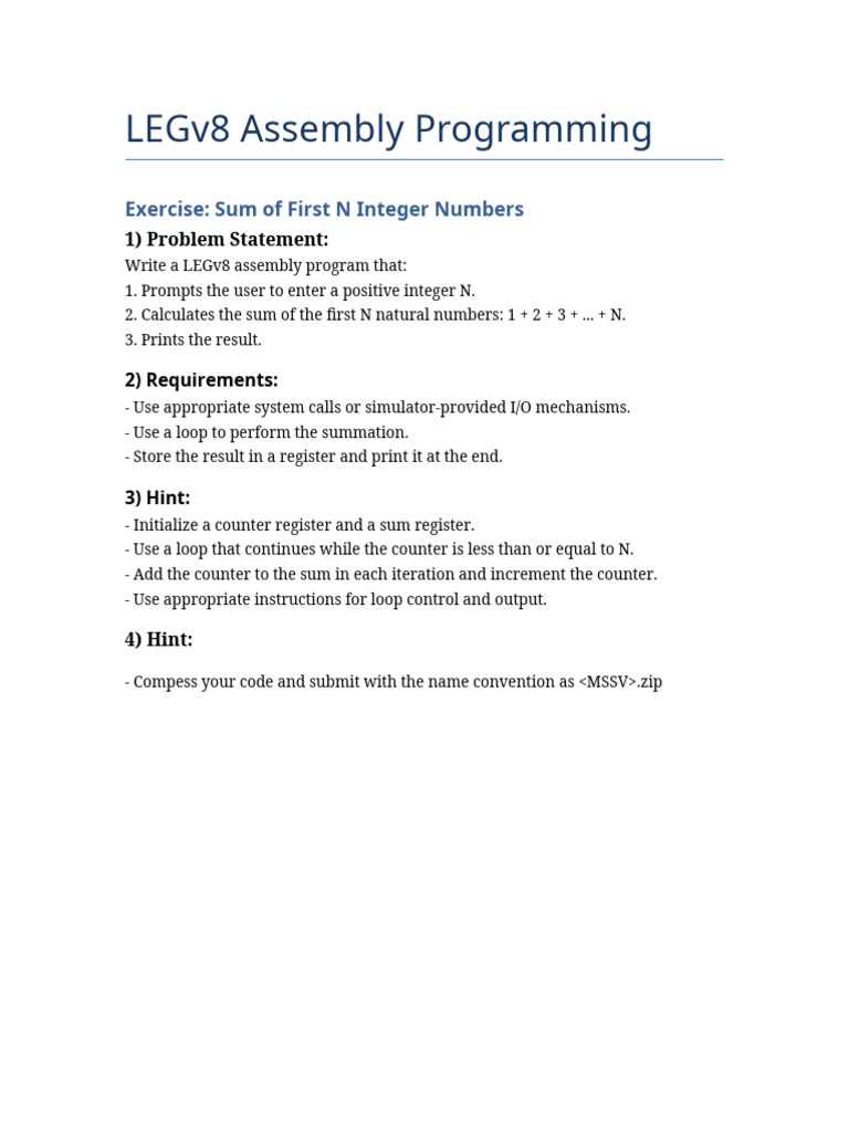 LEGv8 Assembly: Sum of First N Integers | PDF