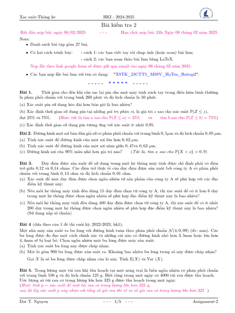 Homework Test2 XSTK Hk1 2024 2025 23CTT5 | PDF