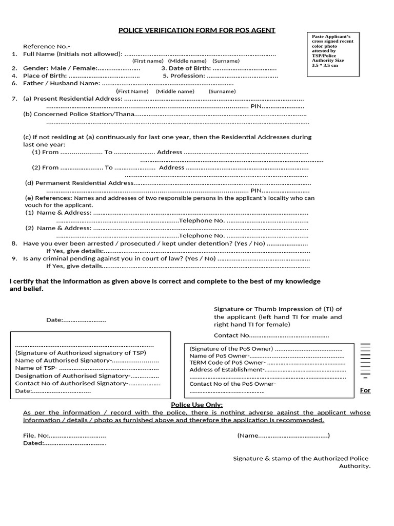 Police Verification Form for PoS Agents | PDF | Justice | Crime & Violence
