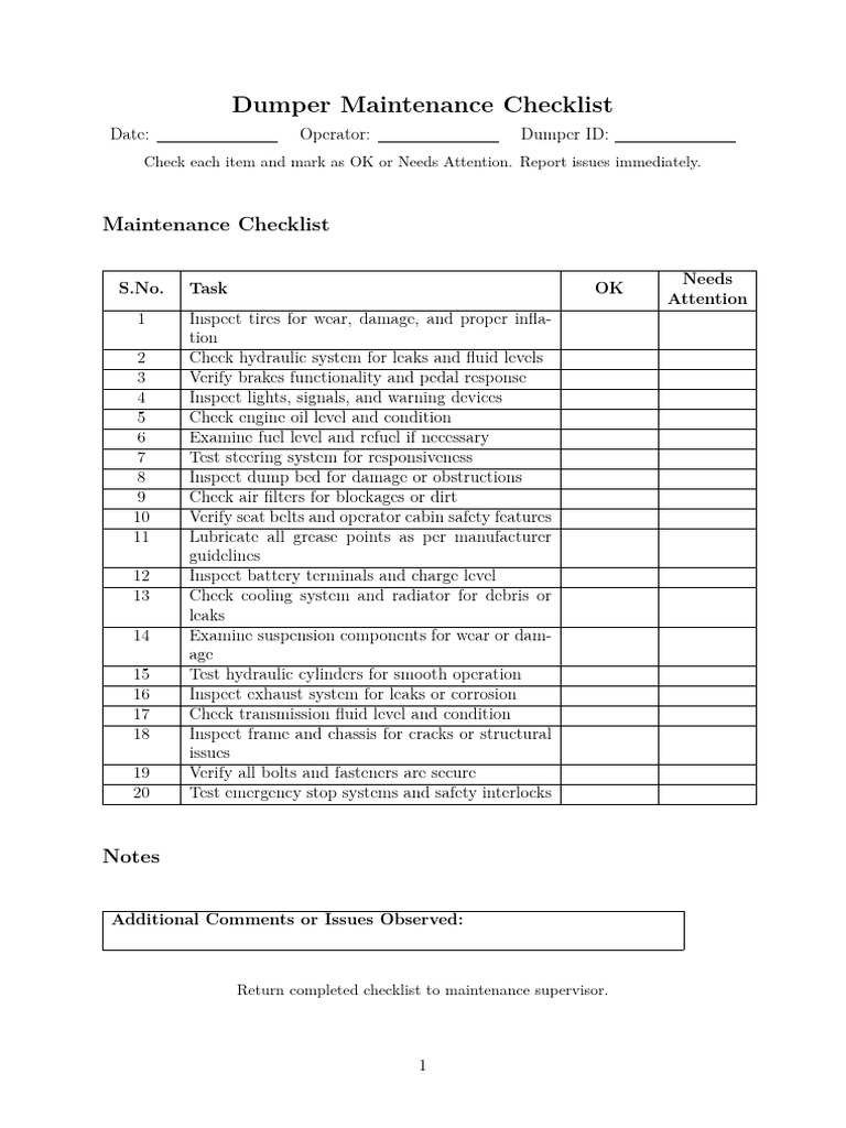 Dumper Maintenance Checklist | PDF