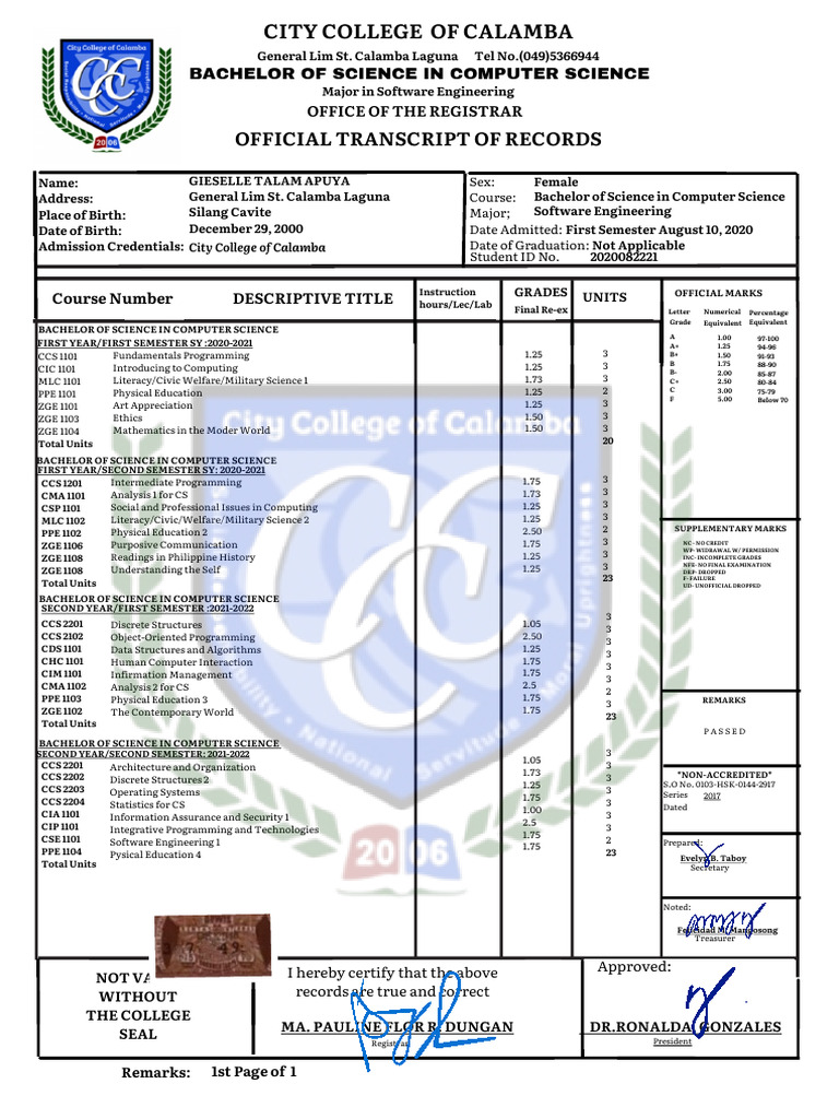 Official Transcript: BS in Computer Science | PDF | Computing | Science