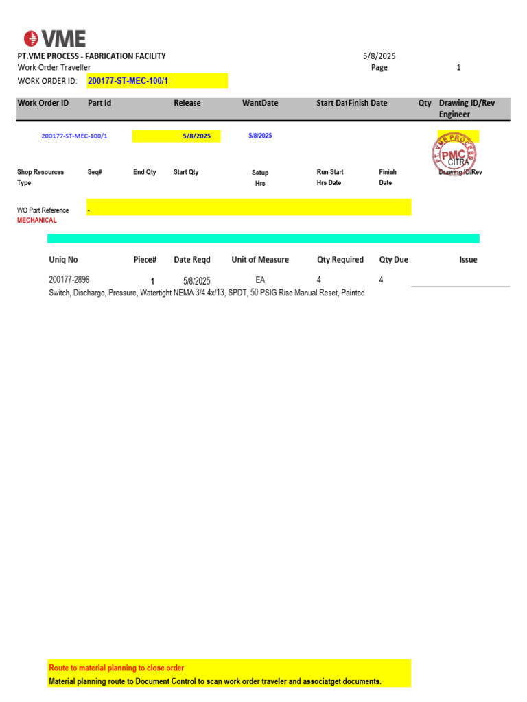 Work Order Traveller for Fabrication Process | PDF
