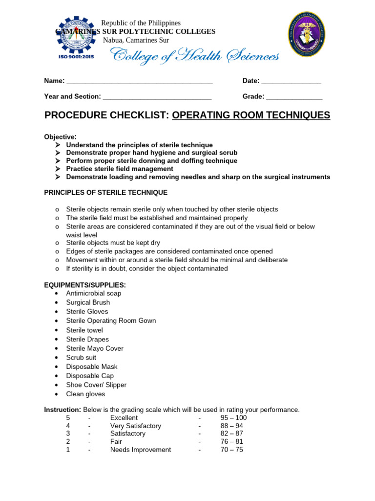 Lito F - Perioperative Nursing Procedure Checklist | PDF | Surgery