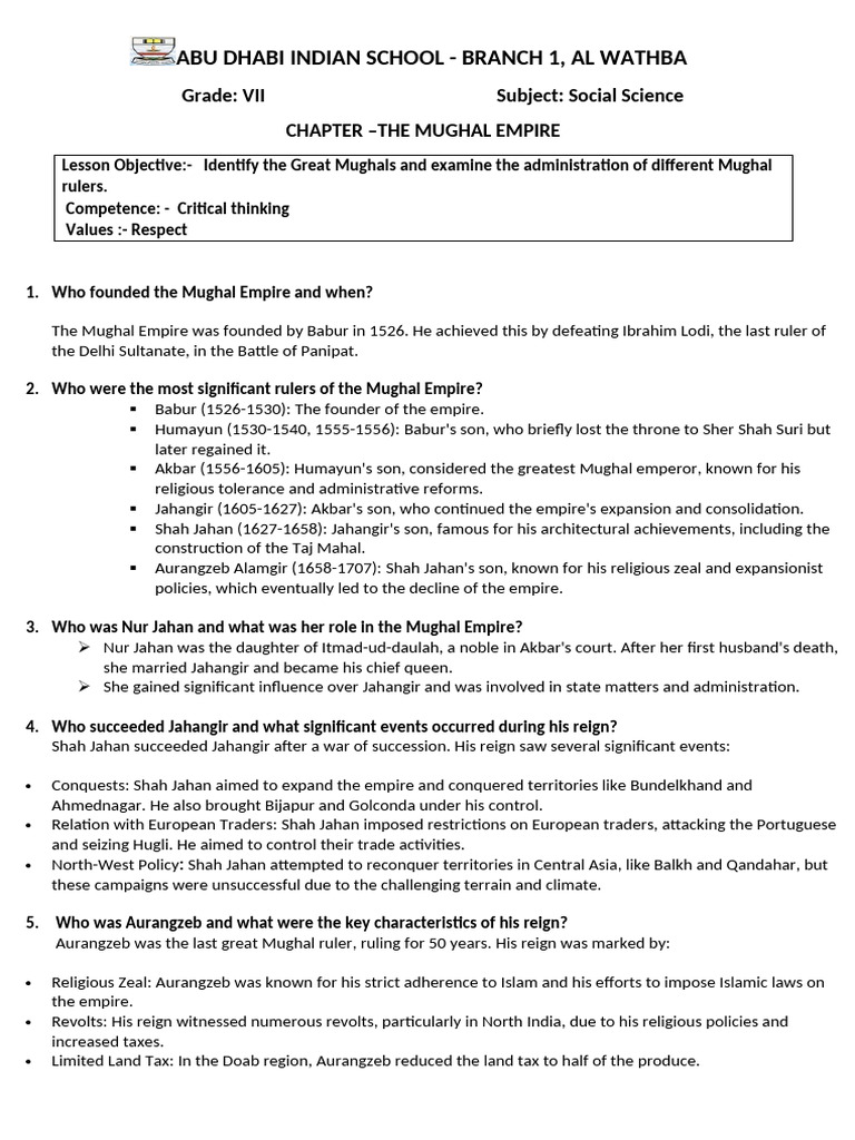 THE MUGHAL EMPIRE Notes Cbse Based | PDF | Mughal Empire