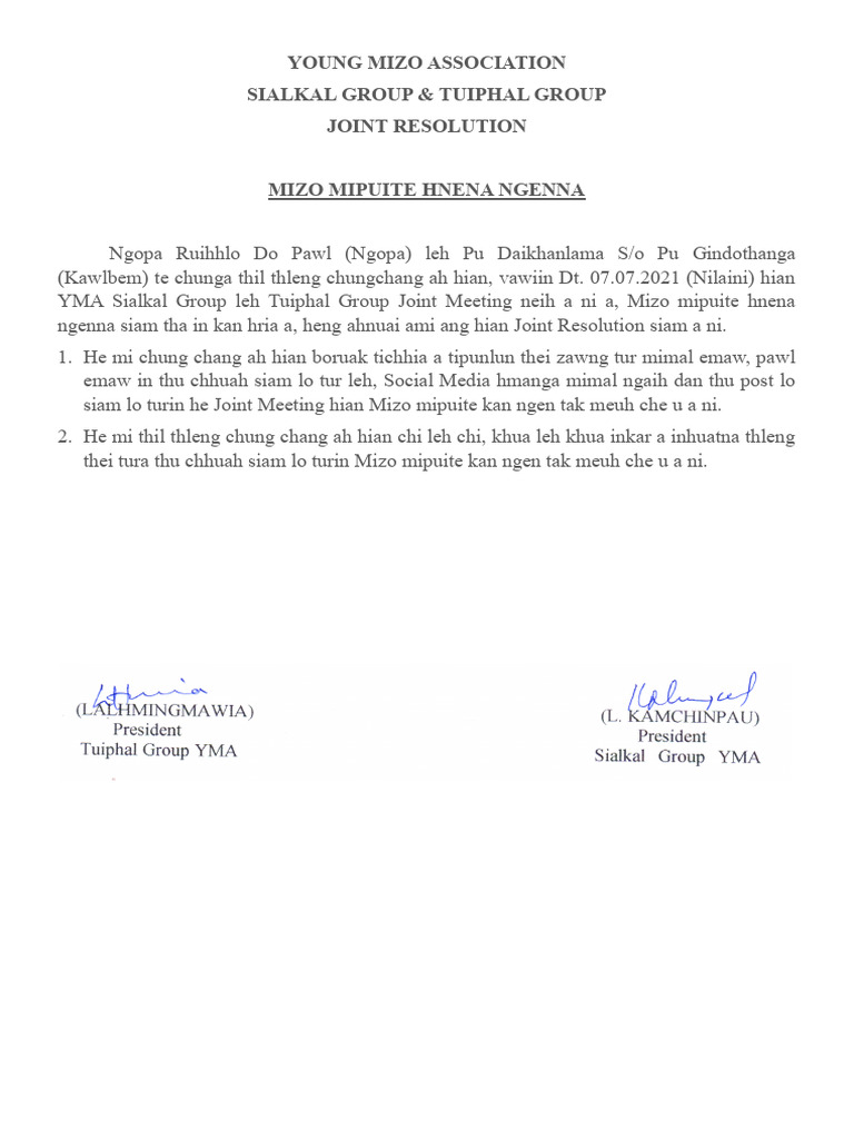 Mizo Association Joint Resolution 2021 | PDF