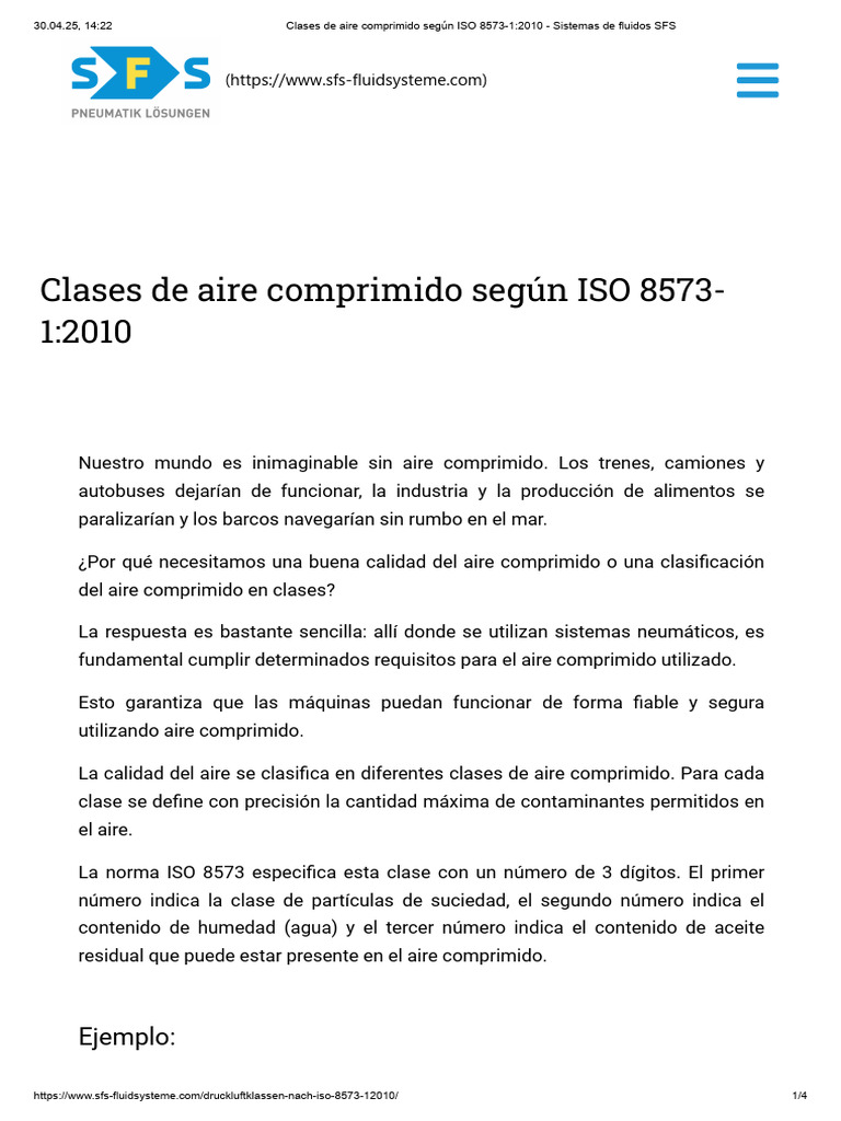 Clases de Aire Comprimido Según ISO 8573-1-2010 - Sistemas de Fluidos ...