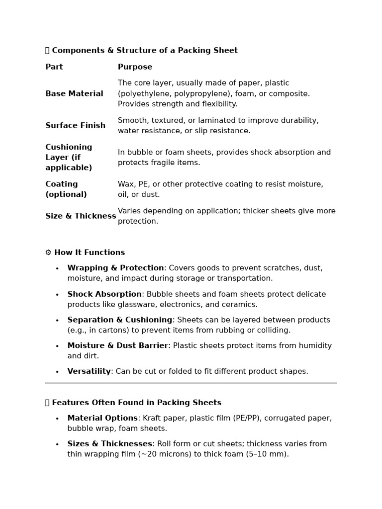 Packing Sheet Components and Uses | PDF | Paper | Polyethylene