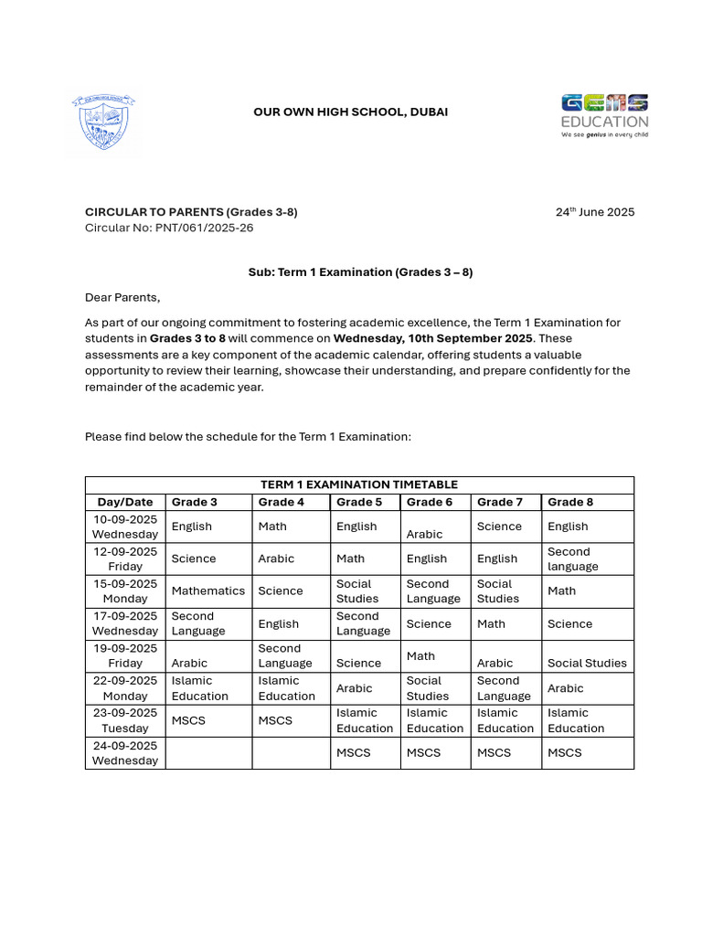 Term 1 Exam Schedule for Grades 3-8 | PDF