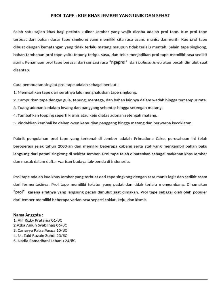 Prol Tape: Kue Khas Jember yang Unik | PDF