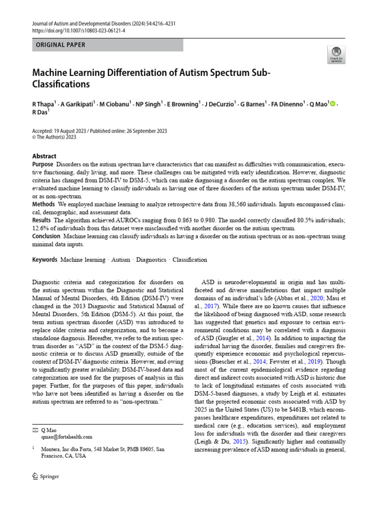 Machine Learning in Autism Diagnosis | PDF | Autism | Diagnostic And ...