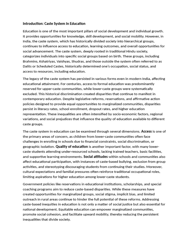 Caste System in Education | PDF | Caste | Social Exclusion