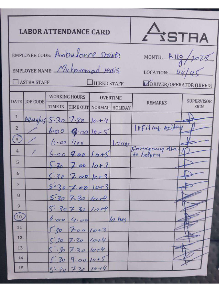 AP-044 Driver Aug Time Sheet | PDF