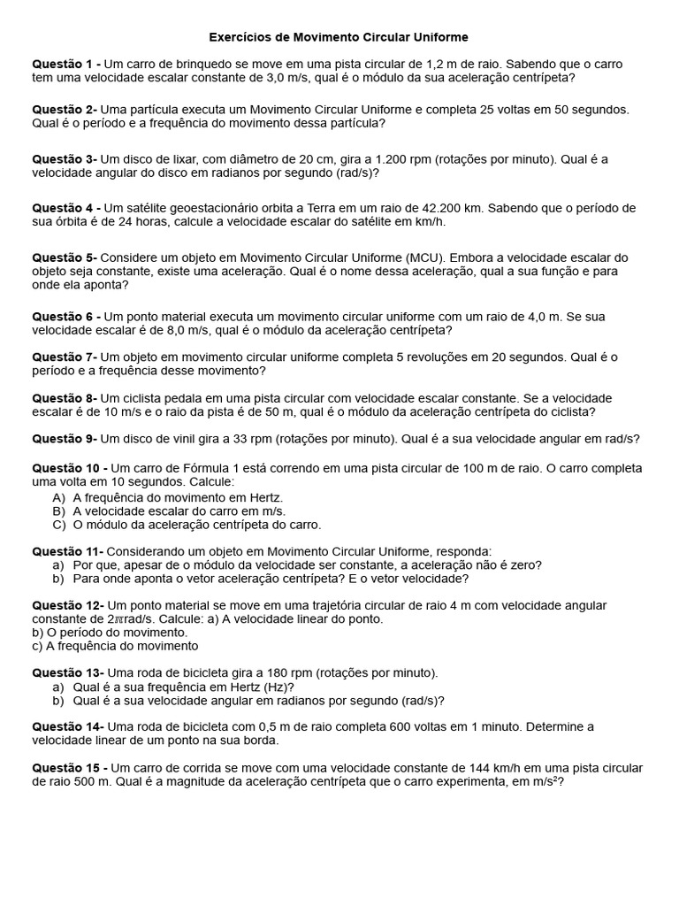 Exercícios sobre Movimento Circular Uniforme | PDF | Velocidade | Mecânica