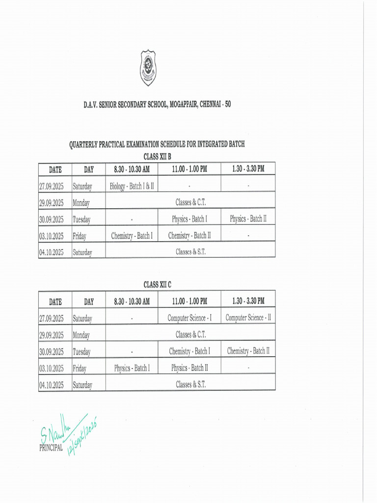 Quarterly Practical Exam Schedule For Integrated Batch | PDF