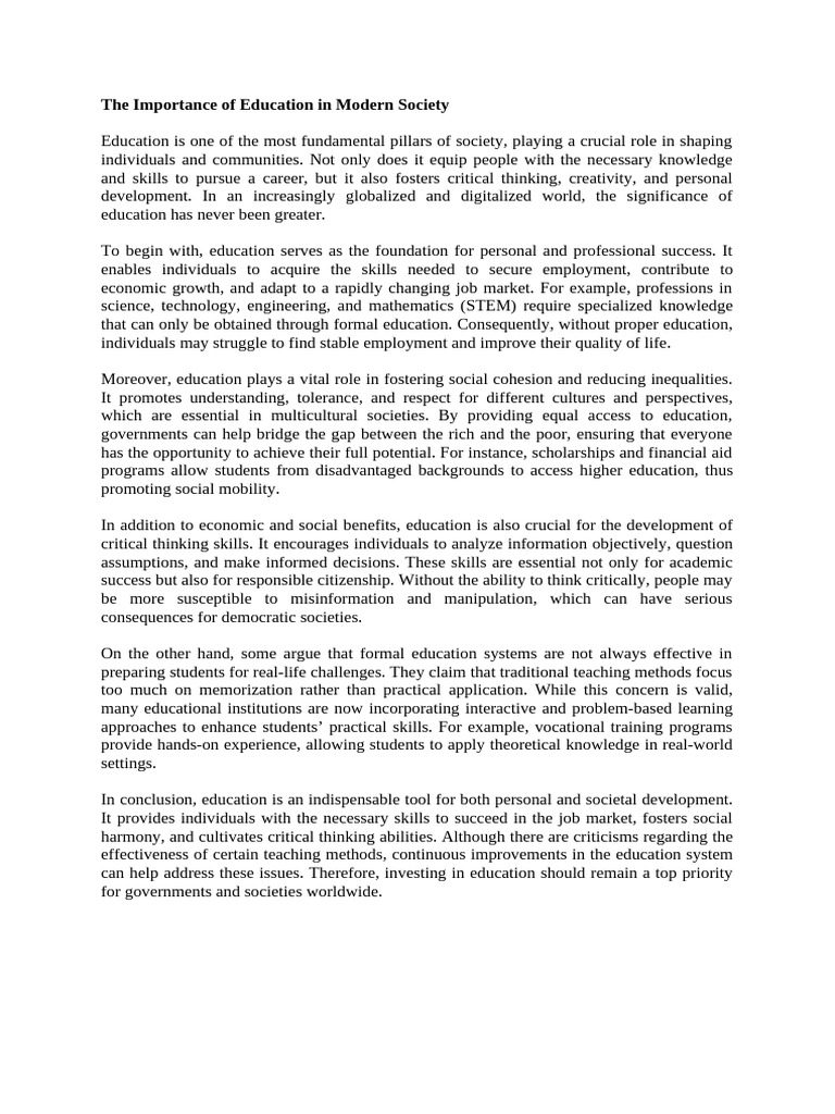 The Importance of Education in Modern Society | PDF | Critical Thinking ...