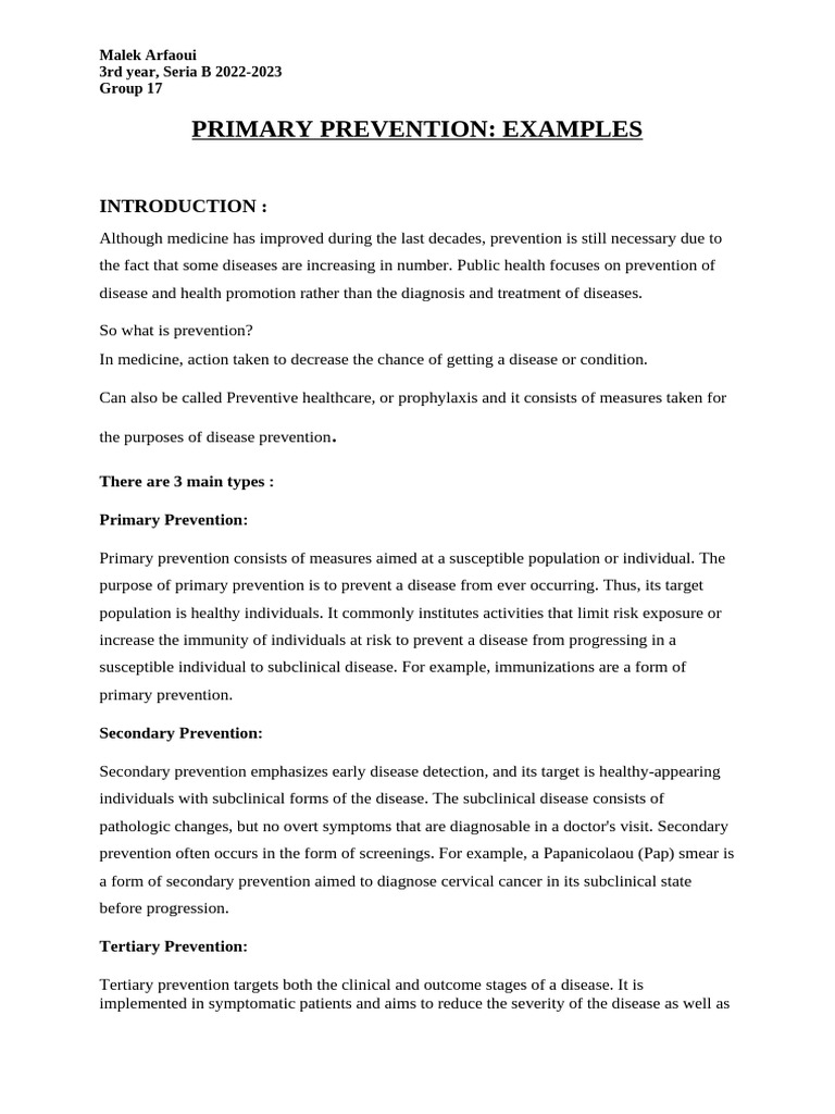 Examples of Primary Prevention Malek Arfaoui GRP 17 | PDF | Preventive ...