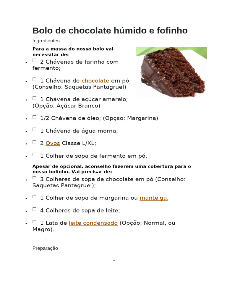 Bolo de Chocolate Húmido e Fofinho | PDF | Chocolate | Bolos