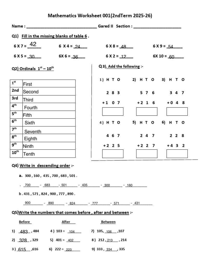 2nd Grade Math Worksheet 2025-26 | PDF