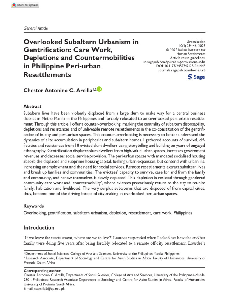 Subaltern Urbanism in Philippine Gentrification | PDF | Slum | Metro Manila