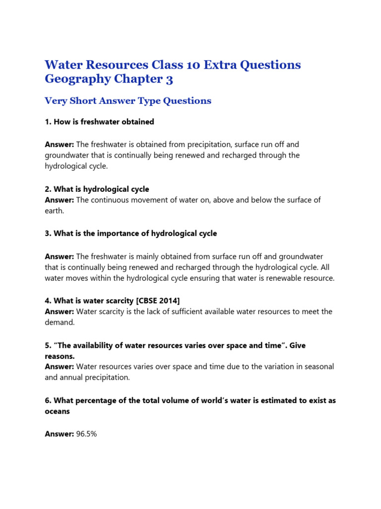 Water Resources Class 10 Extra Questions Geography Chapter 3 | PDF ...