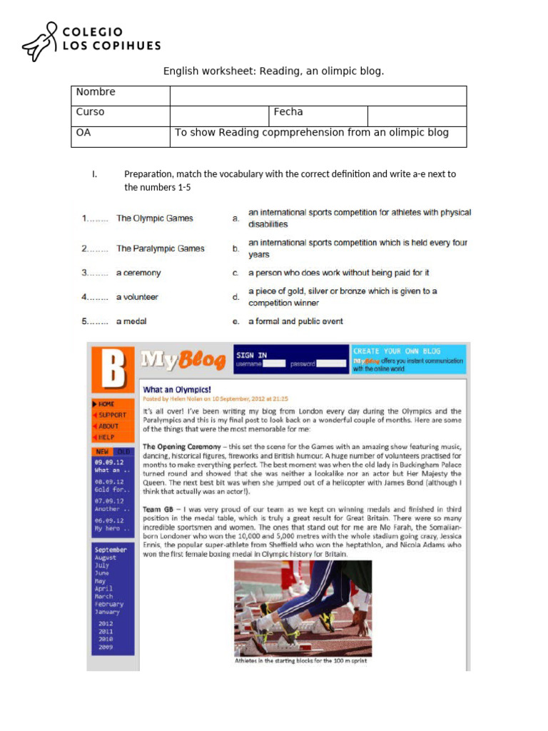 Olympic Blog Reading Worksheet | PDF